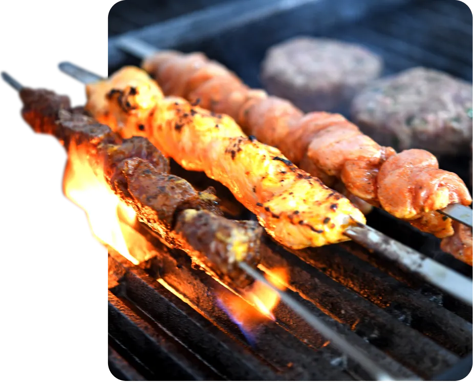 Chicken and lamb shish kebab skewers flame-grilling with koftas over open fire