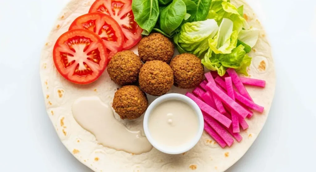 Falafel on flatbread with tahini, tomato, lettuce, and pickled turnips