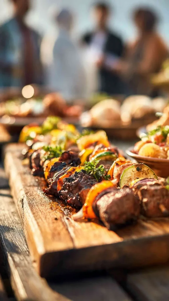 Grilled meat and vegetable skewers on a wooden board at an outdoor gathering