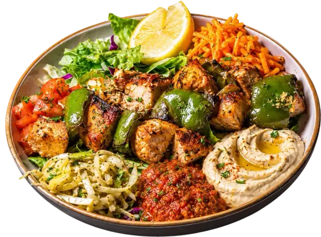 Grilled chicken and green pepper kebabs with hummus, muhammara, slaw, salad, and lemon
